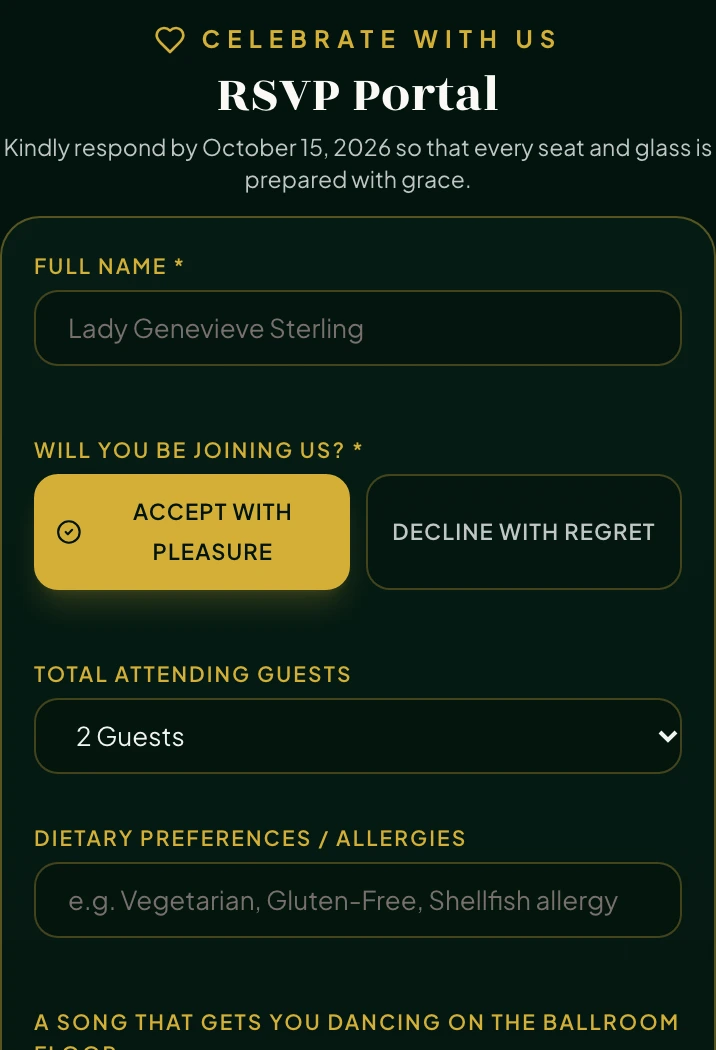 RSVP portal from the Imperial Emerald & Champagne Gold wedding demo